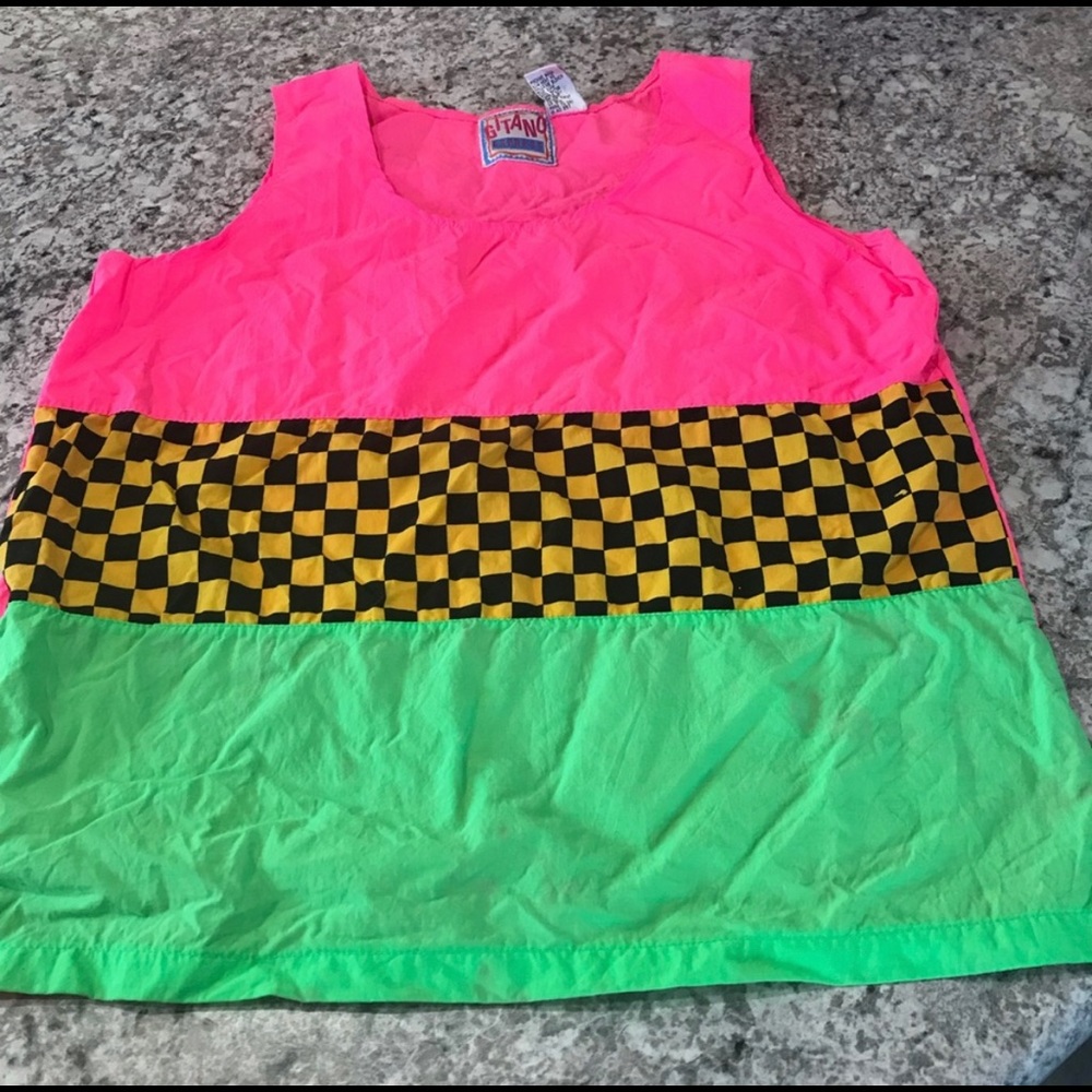 Vintage 1980s Rollerblading Tank Top Hot Pink Checkered Neon Green Costume Retro